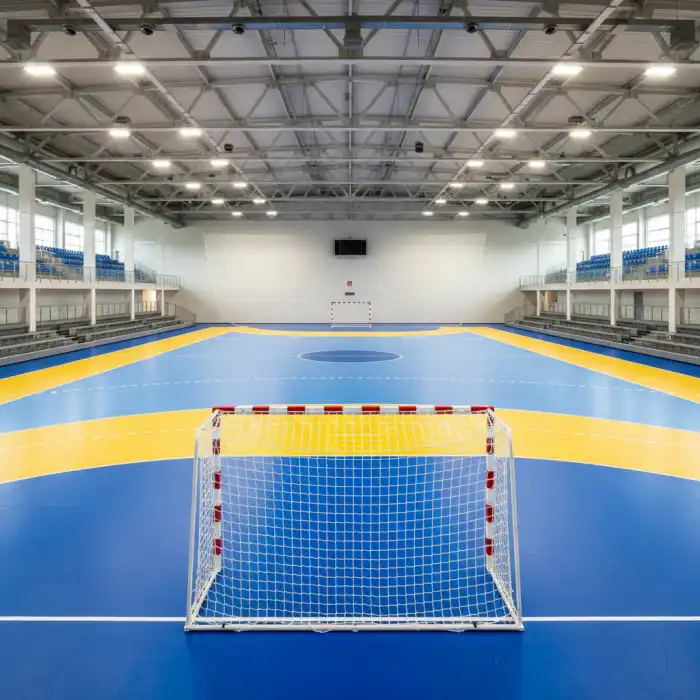 Boisko do piłki ręcznej: wymiary, linie pola bramkowego i boisko 12x27m Profesjonalne boisko do piłki ręcznej z widocznymi liniami pola bramkowego w nowoczesnej hali sportowej.