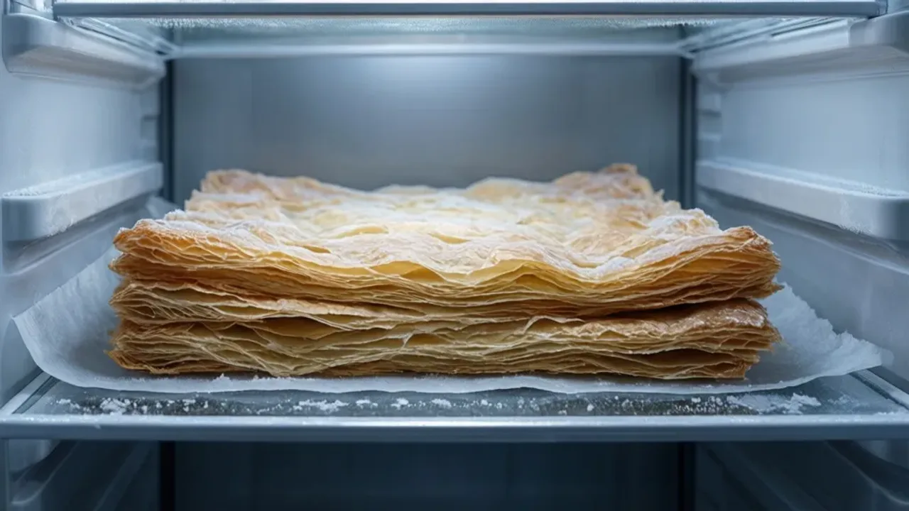 Czy można mrozić ciasto francuskie? Jak zamrozić surowe i gotowe ciasto Surowe i upieczone ciasto francuskie na kuchennym blacie, ilustrujące czy można mrozić ciasto francuskie w domowych warunkach.