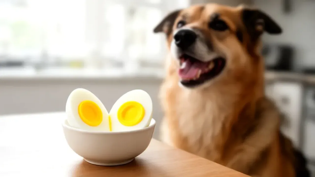 Czy pies może jeść jajko na twardo? Jak podawać jajka w psiej diecie? Golden retriever patrzący na ugotowane jajko, wyjaśniające czy pies może jeść jajko na twardo.