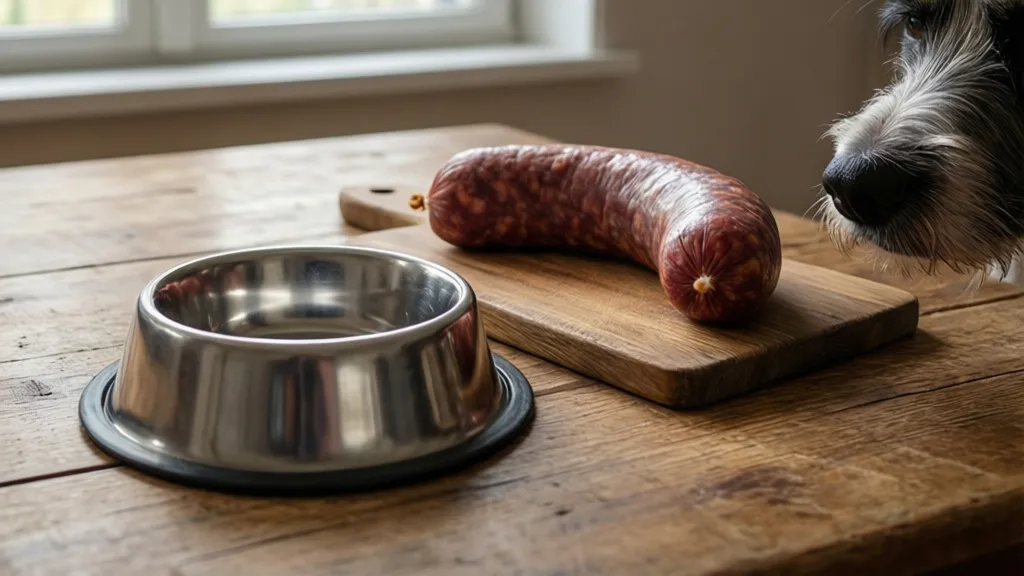 Czy pies może jeść kaszankę? Dlaczego jest szkodliwa w diecie psa Kaszanka na kuchennym blacie obok miski psa jako ostrzeżenie, czy pies może jeść kaszankę.