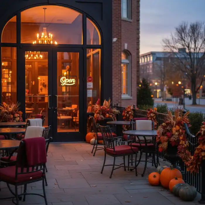 Czy restauracje są otwarte 11 listopada? Lokale w święto 2024/2025 Eleganckie wejście do restauracji z oświetlonym szyldem, pomocne przy sprawdzaniu, czy restauracje są otwarte 11 listopada.