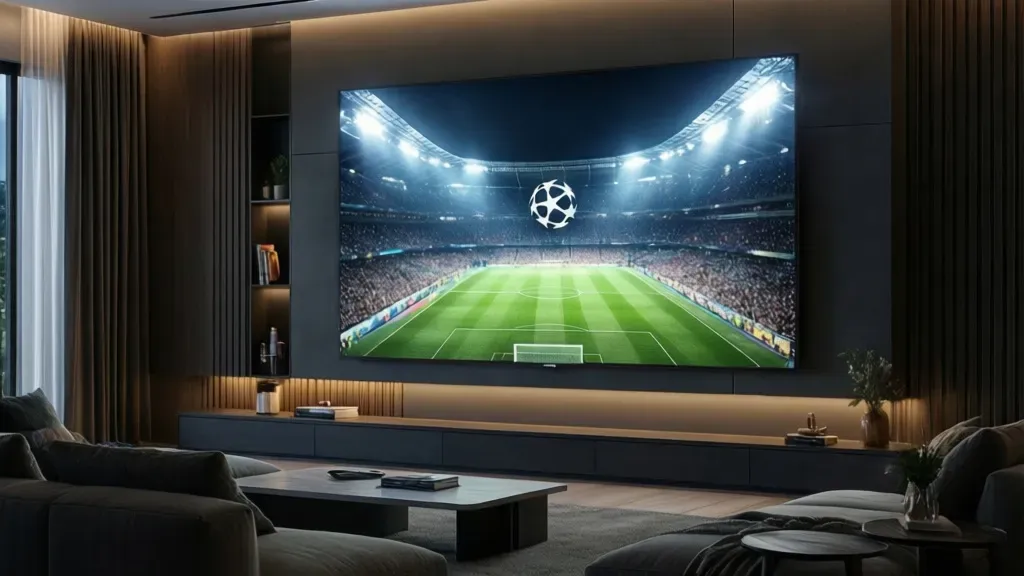 Gdzie ogladac lige mistrzow? Transmisje meczów UEFA Champions League 25/26 Nowoczesny salon z telewizorem wyświetlającym mecz, pokazujący gdzie ogladac lige mistrzow w wysokiej jakości.