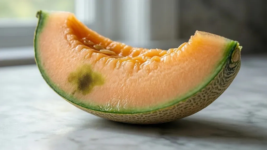 Kiedy melon jest zepsuty? Poznaj kluczowe oznaki psucia się owocu Zepsuty melon z widocznymi oznakami psucia na skórce i miąższu leżący na marmurowym blacie kuchennym.