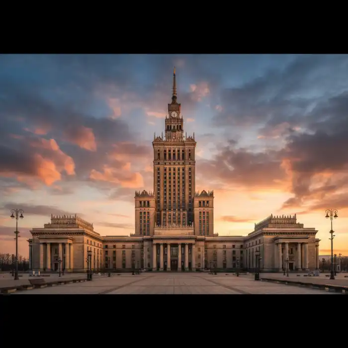 Kto zbudował Pałac Kultury? Dar ZSRR, czyli symbol narodu radzieckiego. Monumentalny widok na Pałac Kultury i Nauki w Warszawie, który wyjaśnia, kto zbudował pałac kultury.