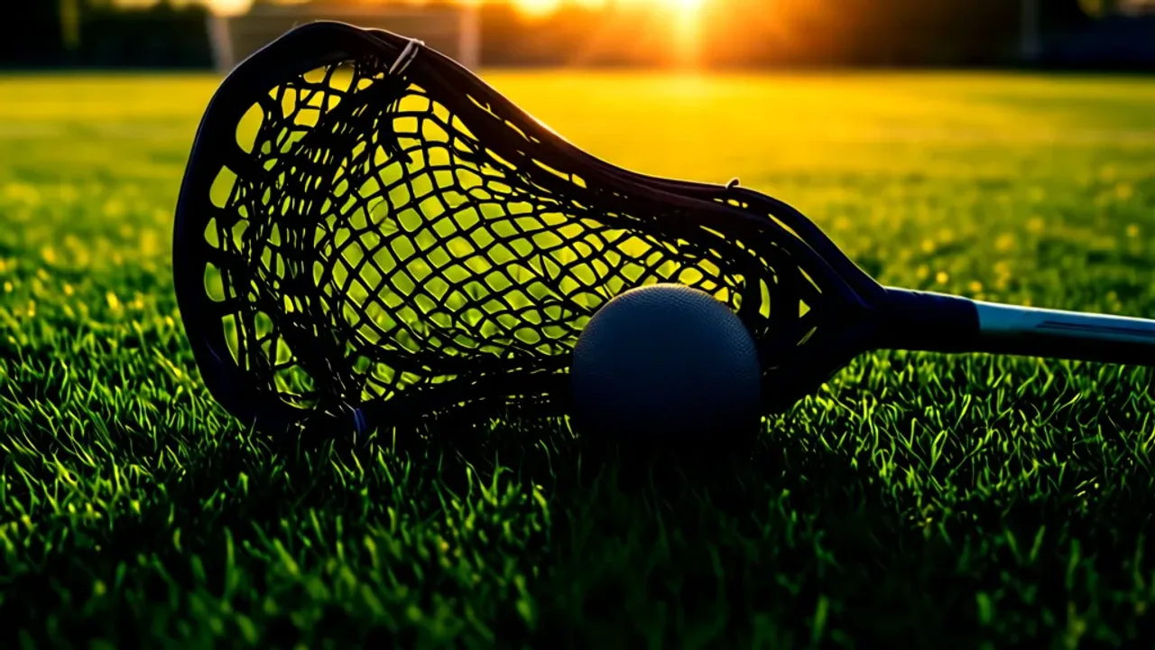 Lacrosse sport: dyscyplina, odmiana lacrosse, historia lacrosse to sport Profesjonalny kij i piłka do lacrosse sport na boisku w świetle reflektorów.