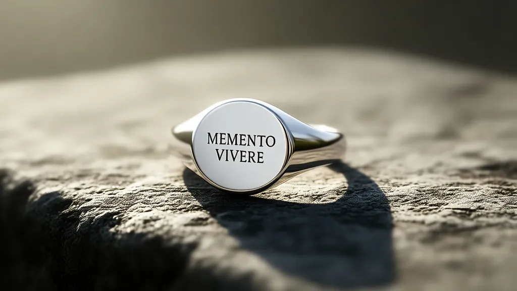 Memento vivere co to znaczy — łacińska sentencja o życiu i minimalizmie Srebrny pierścień z wygrawerowanym hasłem memento vivere na kamiennym blacie w świetle dziennym.