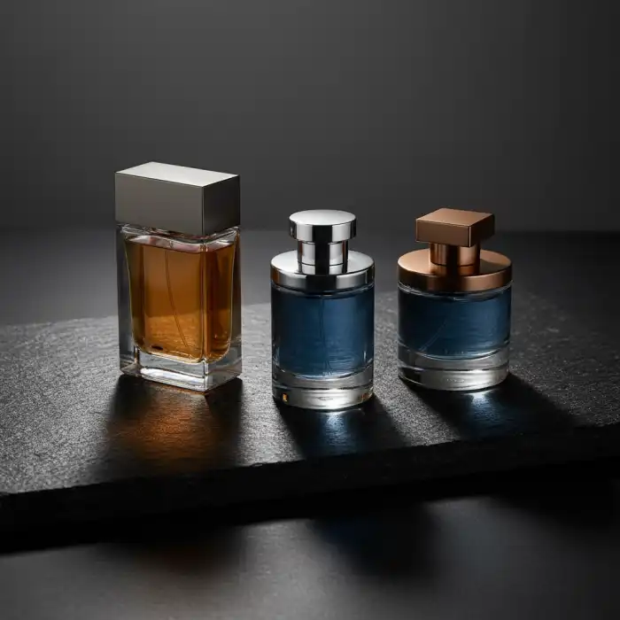 Perfumy męskie top: Ranking 10 najlepszych zapachów dla mężczyzn Eleganckie flakony luksusowych perfum męskie top na ciemnym, kamiennym tle.