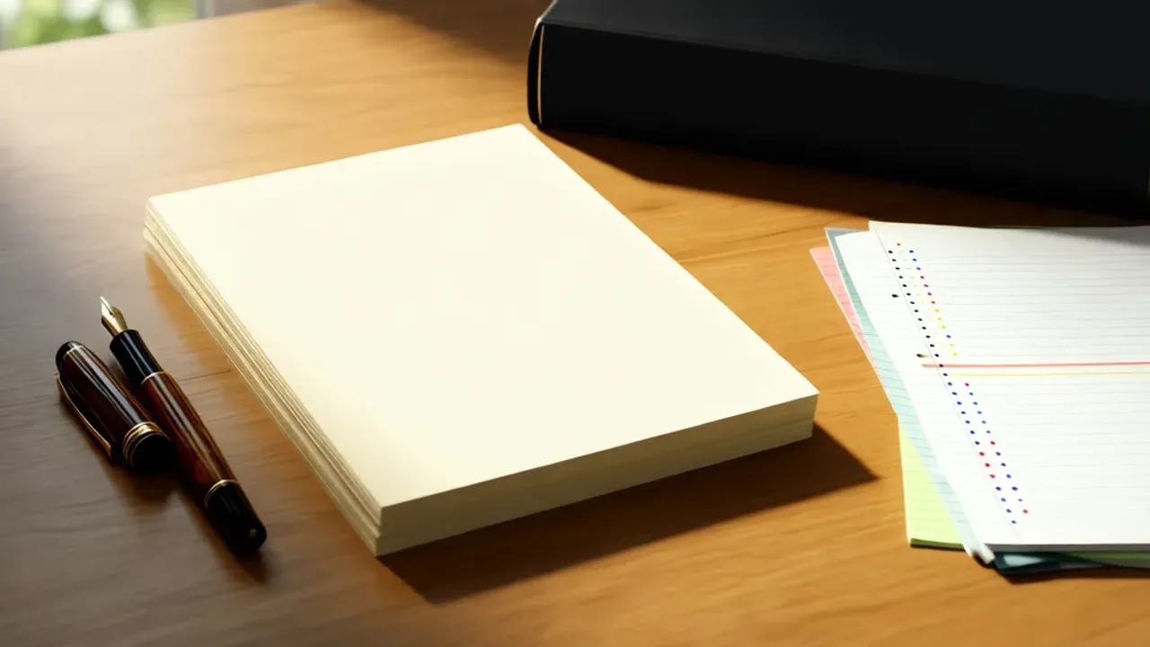 Rozprawka po angielsku: jak napisać for and against essay na maturę? Otwarty zeszyt z piórem i słownikiem, przygotowanie do napisania rozprawki po angielsku na biurku.