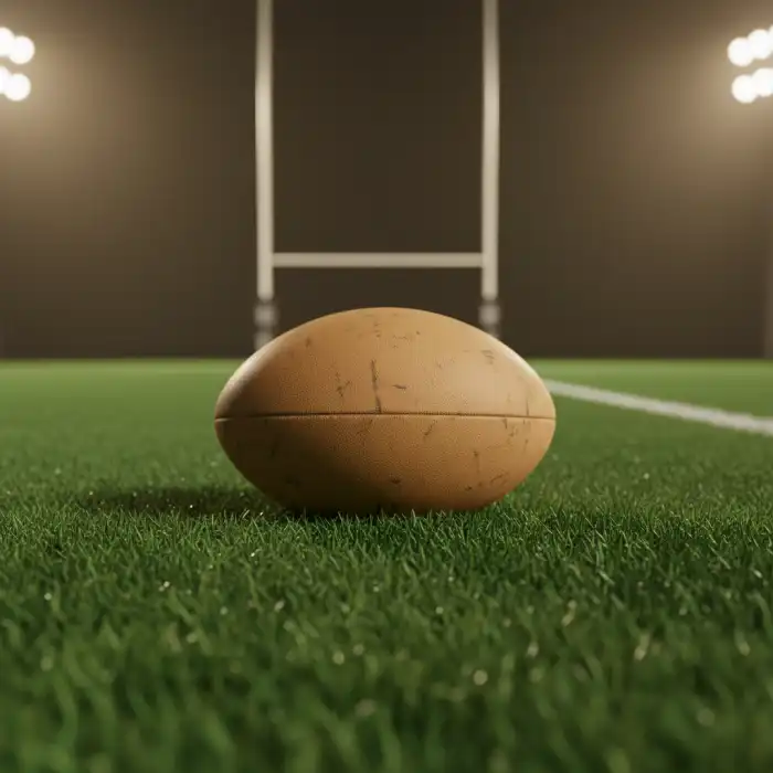 Rugby zasady: jak rozumieć tę dyscyplinę i zasady gry w rugby union Owalna piłka do rugby na murawie boiska ilustrująca podstawowe rugby zasady.