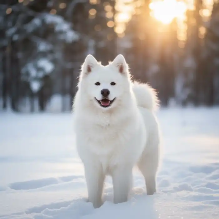 Samoyed ile żyje? Opis rasy uśmiechniętego szpica i towarzysza syberyjskiego Zdrowy i szczęśliwy pies rasy samoyed na tle zimowego krajobrazu, prezentujący witalność rasy w kontekście pytania samoyed ile żyje.