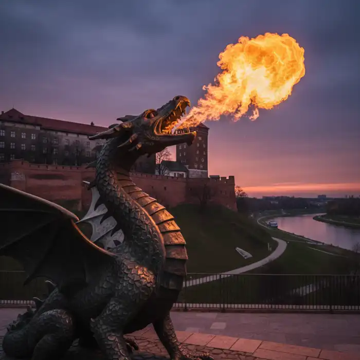 Smok wawelski: smoczy symbol Krakowa, rzeźba, która zieje, i Smocza Jama