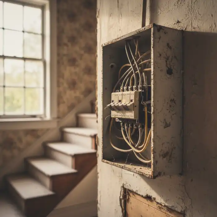 Wniosek o wymianę instalacji elektrycznej w mieszkaniu komunalnym: poradnik Wniosek o wymianę instalacji elektrycznej w mieszkaniu komunalnym – widok starej rozdzielnicy elektrycznej wewnątrz lokalu.